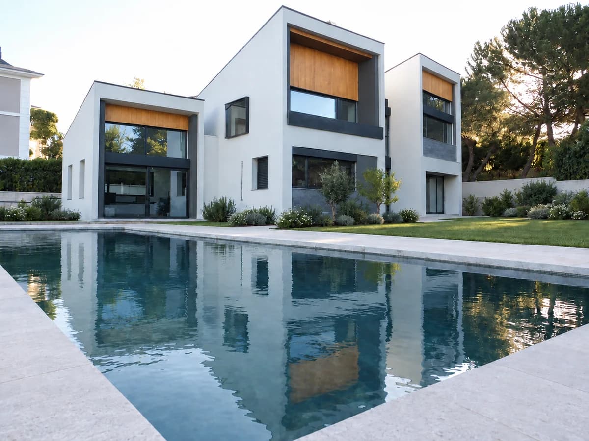 Vivienda de fachada blanca con acabados de madera sobre los ventanales, jardín terminado y piscina